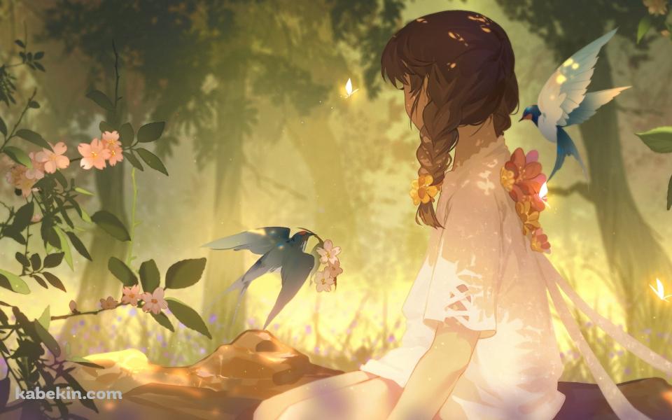 花を運ぶ鳥と三つ編みの少女 / ピンクの花の壁紙(960px x 600px) 高画質 PC・デスクトップ用