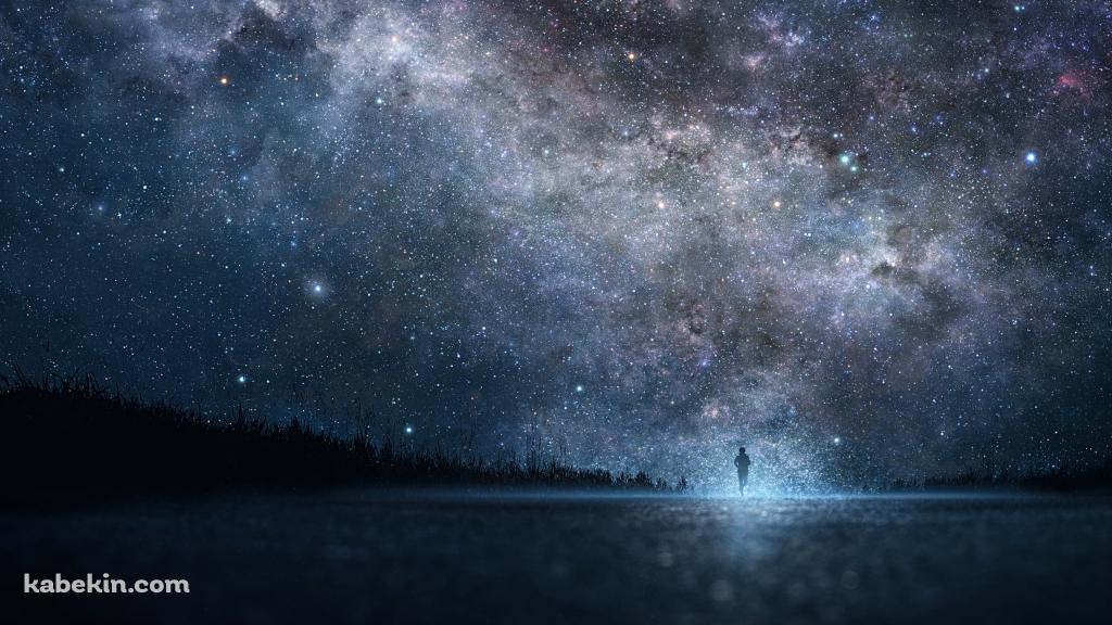 満天の星空の下、ロードワークする男性の壁紙(1024px x 576px) 高画質 PC・デスクトップ用