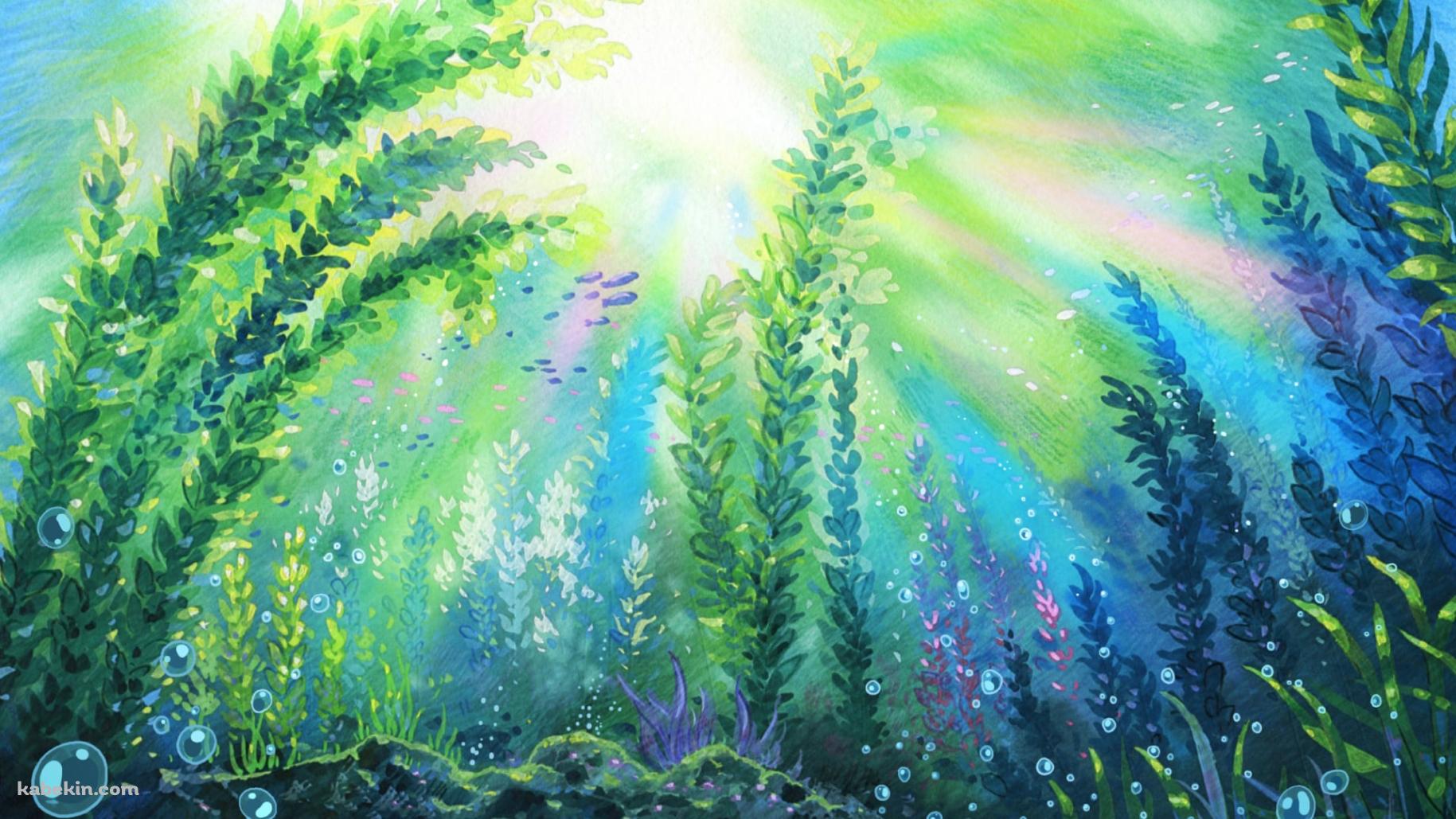 濃淡のある水草と水泡 / Aquatic plants and water bubbles with different shadesの壁紙(1829px x 1029px) 高画質 PC・デスクトップ用