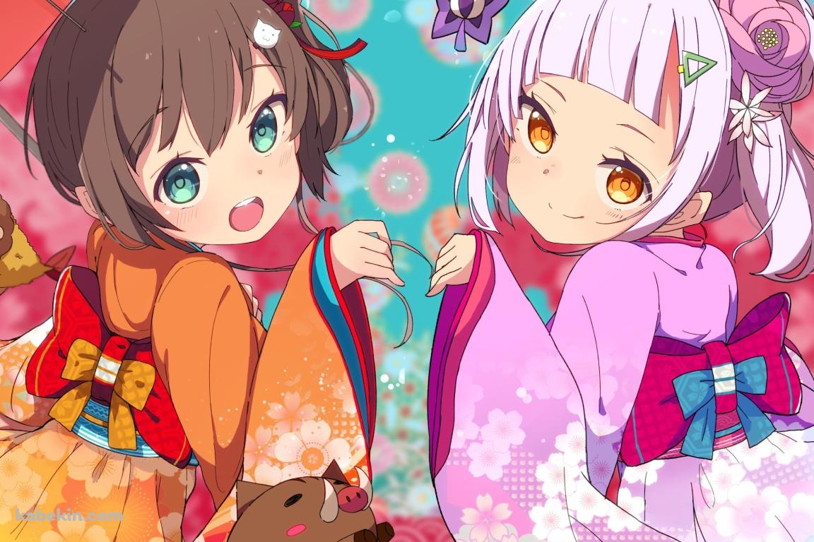 浴衣を着て振り返る可愛い紫咲シオンと夏色まつり / えびふらいおん / ホロライブ / バーチャルYouTuber / Vtuberの壁紙(1152px x 768px) 高画質 PC・デスクトップ用