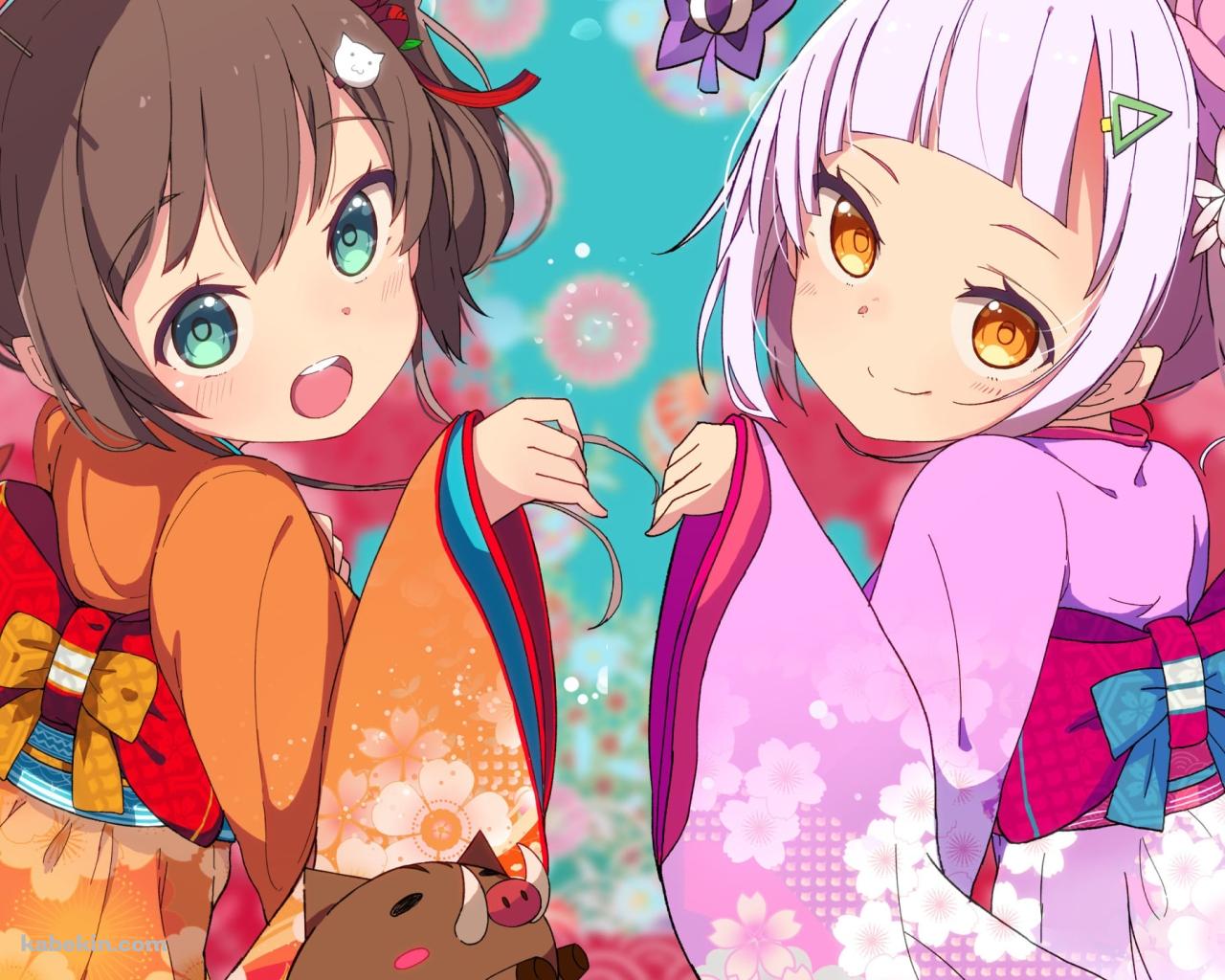 浴衣を着て振り返る可愛い紫咲シオンと夏色まつり / えびふらいおん / ホロライブ / バーチャルYouTuber / Vtuberの壁紙(1280px x 1024px) 高画質 PC・デスクトップ用