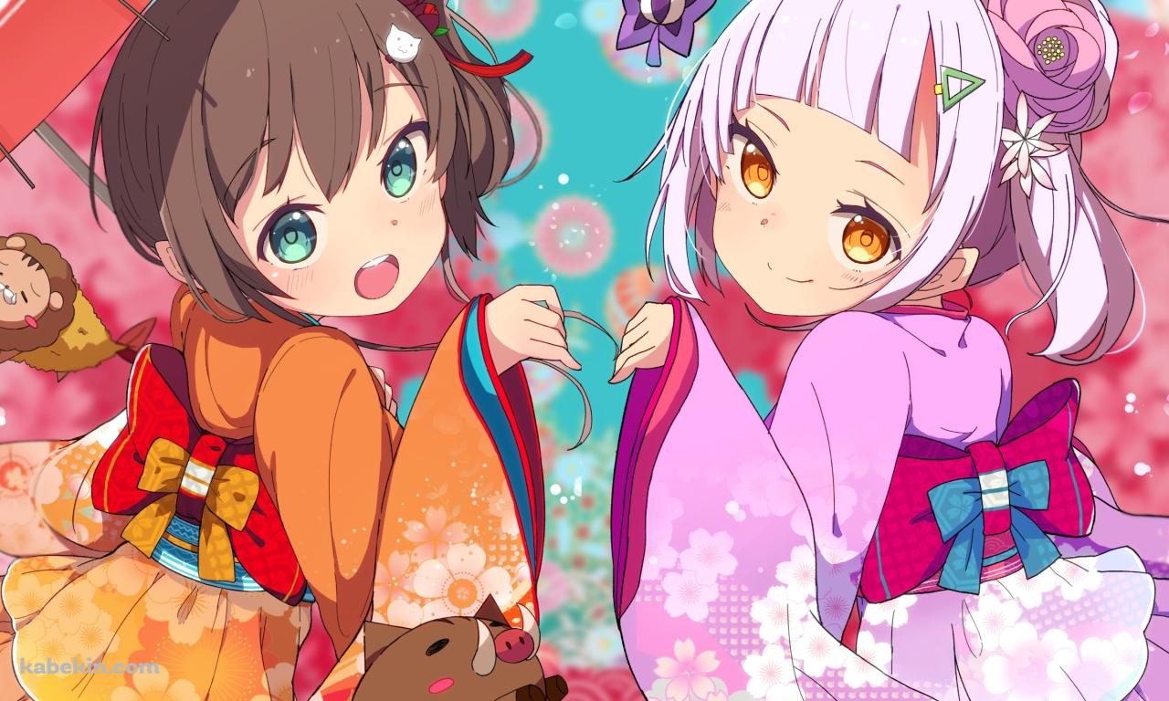 浴衣を着て振り返る可愛い紫咲シオンと夏色まつり / えびふらいおん / ホロライブ / バーチャルYouTuber / Vtuberの壁紙(1280px x 768px) 高画質 PC・デスクトップ用