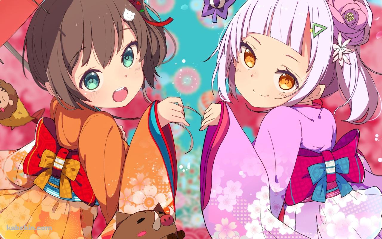 浴衣を着て振り返る可愛い紫咲シオンと夏色まつり / えびふらいおん / ホロライブ / バーチャルYouTuber / Vtuberの壁紙(1280px x 800px) 高画質 PC・デスクトップ用