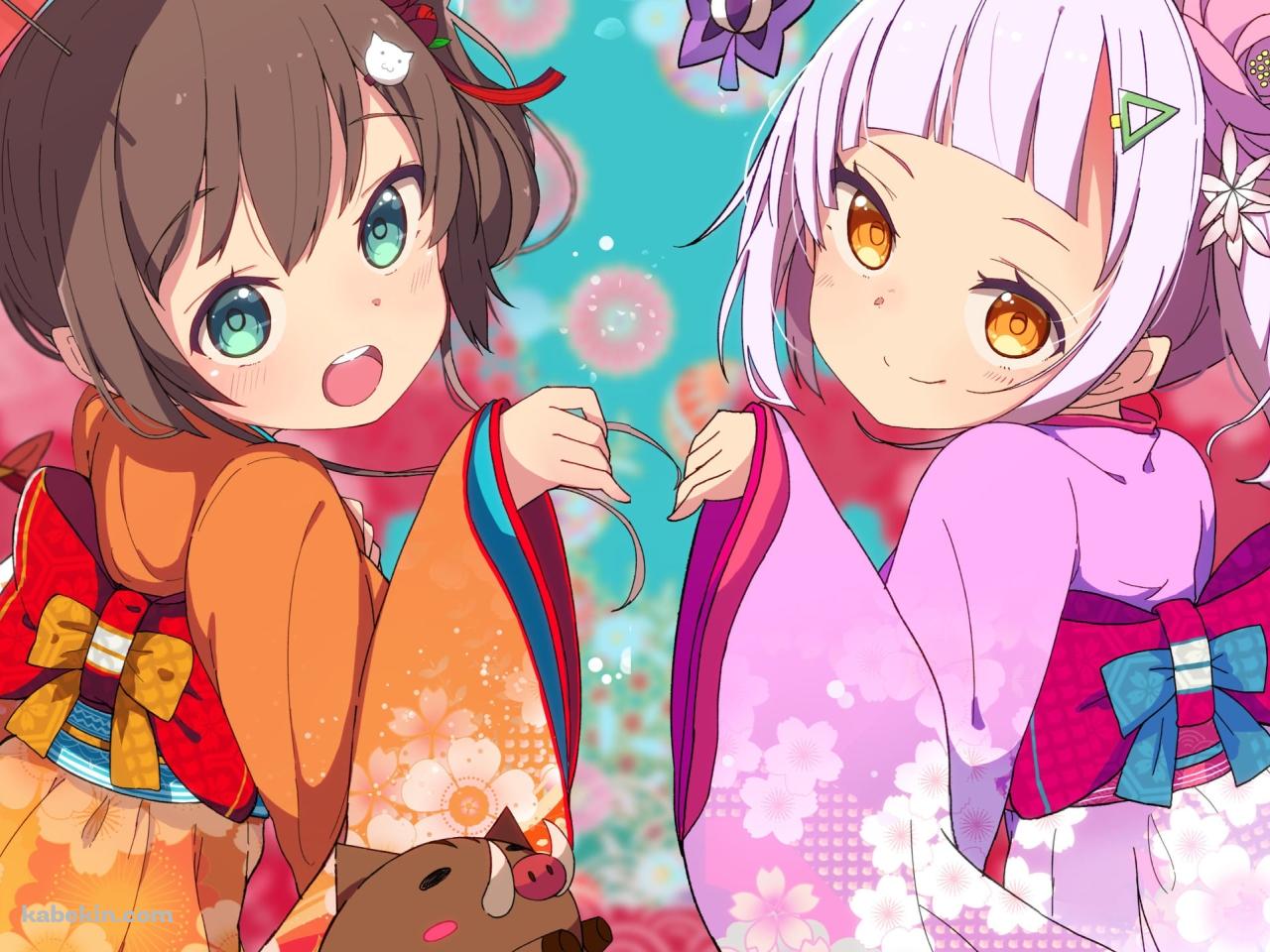 浴衣を着て振り返る可愛い紫咲シオンと夏色まつり / えびふらいおん / ホロライブ / バーチャルYouTuber / Vtuberの壁紙(1280px x 960px) 高画質 PC・デスクトップ用