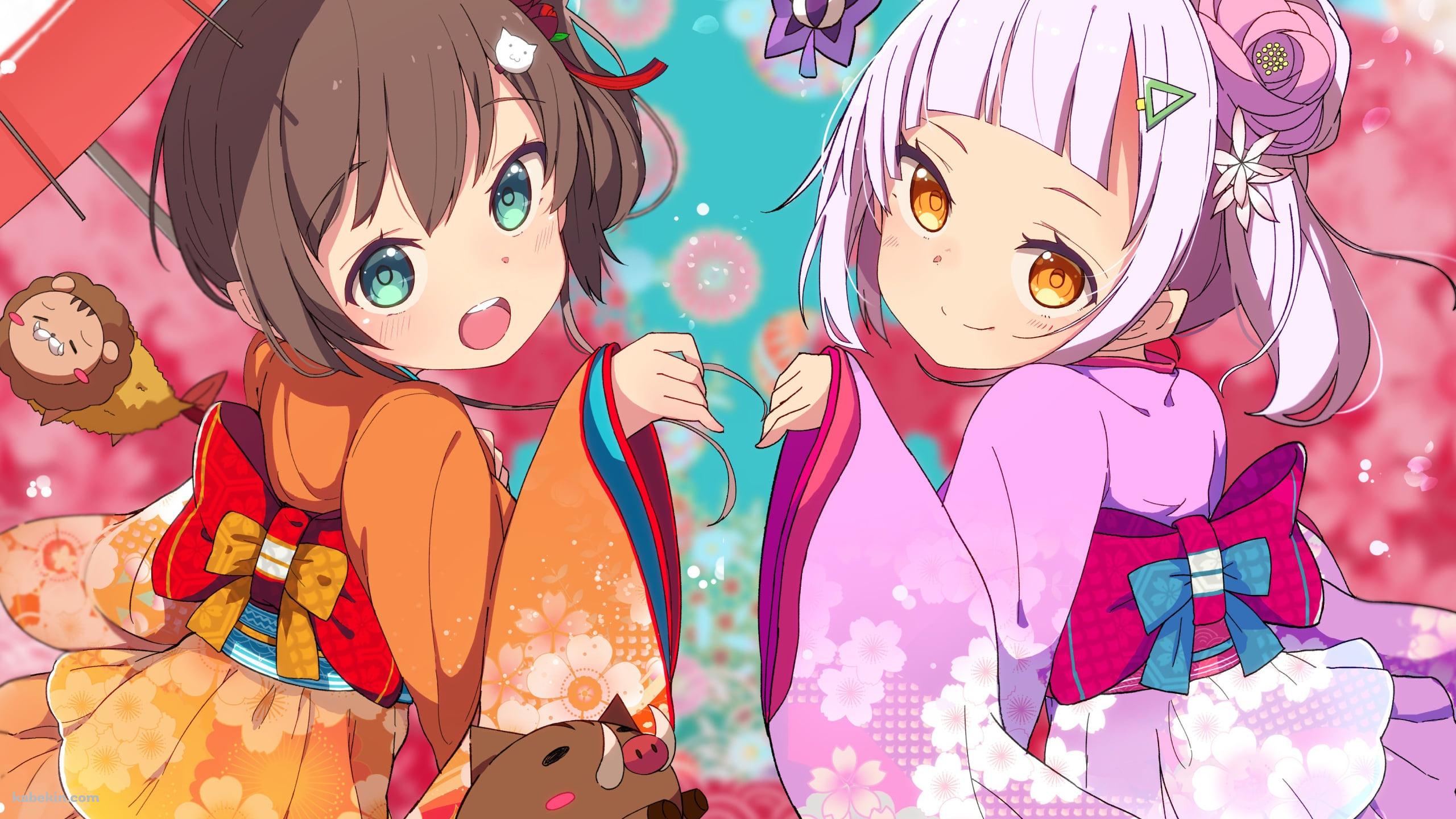 浴衣を着て振り返る可愛い紫咲シオンと夏色まつり / えびふらいおん / ホロライブ / バーチャルYouTuber / Vtuberの壁紙(2560px x 1440px) 高画質 PC・デスクトップ用