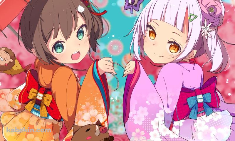 浴衣を着て振り返る可愛い紫咲シオンと夏色まつり / えびふらいおん / ホロライブ / バーチャルYouTuber / Vtuberの壁紙(800px x 480px) 高画質 PC・デスクトップ用