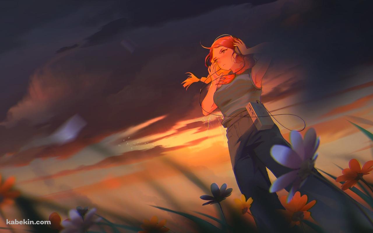 オレンジ・白いコスモスの畑で音楽を聴く女性の壁紙(1280px x 800px) 高画質 PC・デスクトップ用