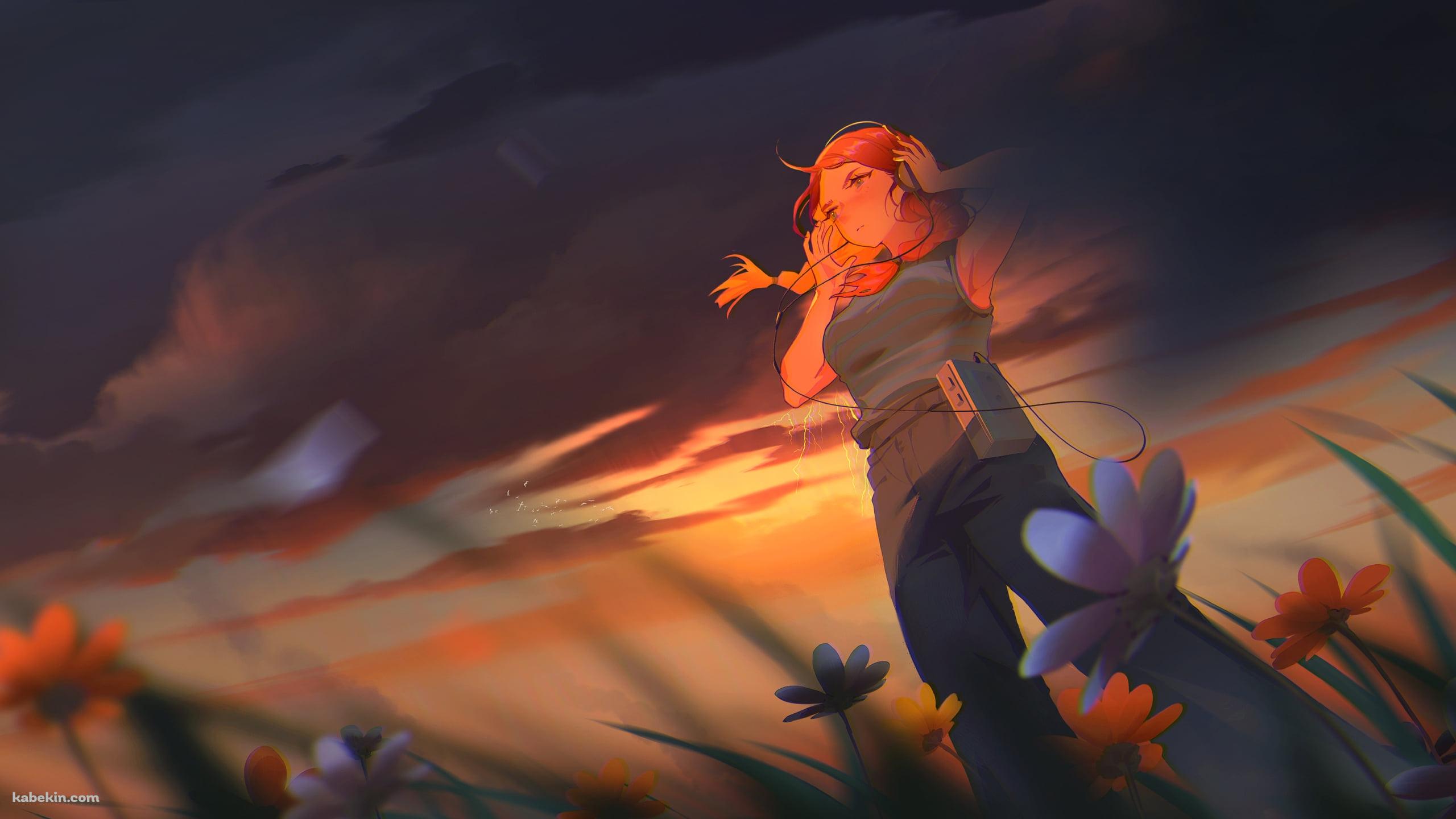 オレンジ・白いコスモスの畑で音楽を聴く女性の壁紙(2560px x 1440px) 高画質 PC・デスクトップ用