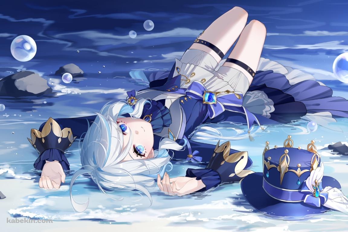 波打ち際で仰向けに寝るフリーナ / 原神の壁紙(1152px x 768px) 高画質 PC・デスクトップ用