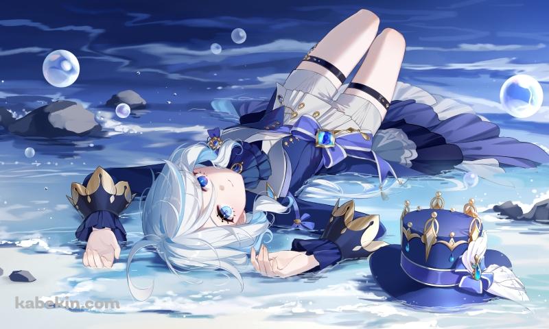 波打ち際で仰向けに寝るフリーナ / 原神の壁紙(800px x 480px) 高画質 PC・デスクトップ用