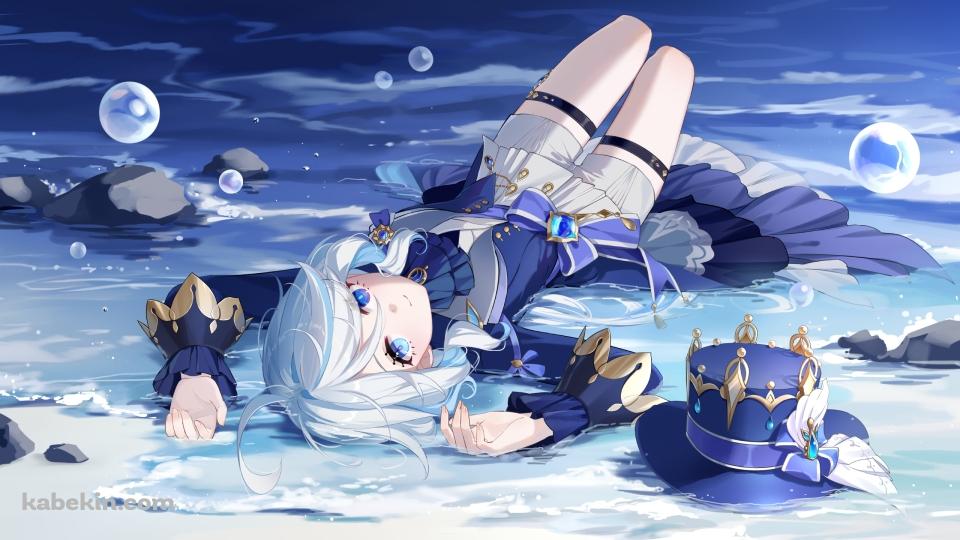 波打ち際で仰向けに寝るフリーナ / 原神の壁紙(960px x 540px) 高画質 PC・デスクトップ用