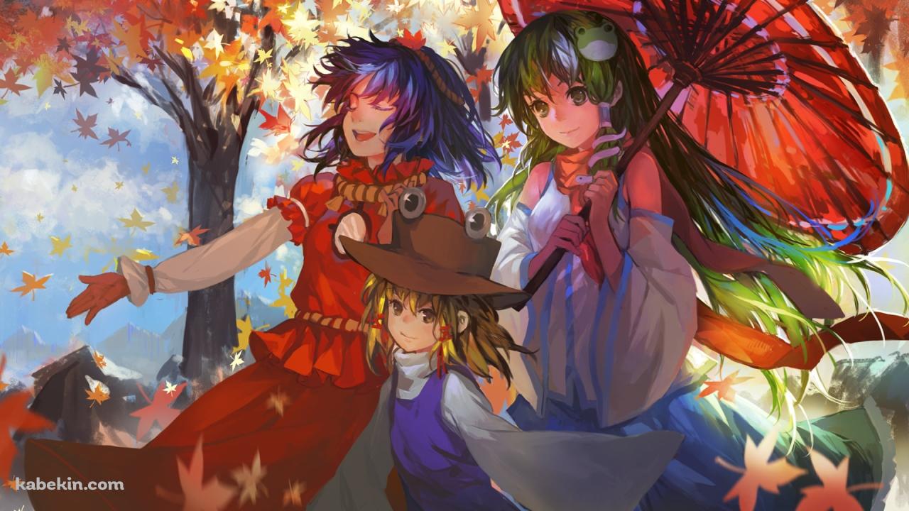 紅葉の中、散歩する東風谷早苗 / 洩矢諏訪子 / 八坂神奈子 / 東方の壁紙(1280px x 720px) 高画質 PC・デスクトップ用