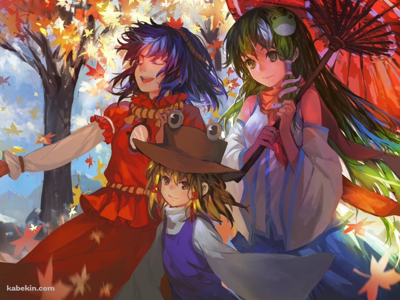 紅葉の中、散歩する東風谷早苗 / 洩矢諏訪子 / 八坂神奈子 / 東方の壁紙(1280px x 960px) 高画質 PC・デスクトップ用