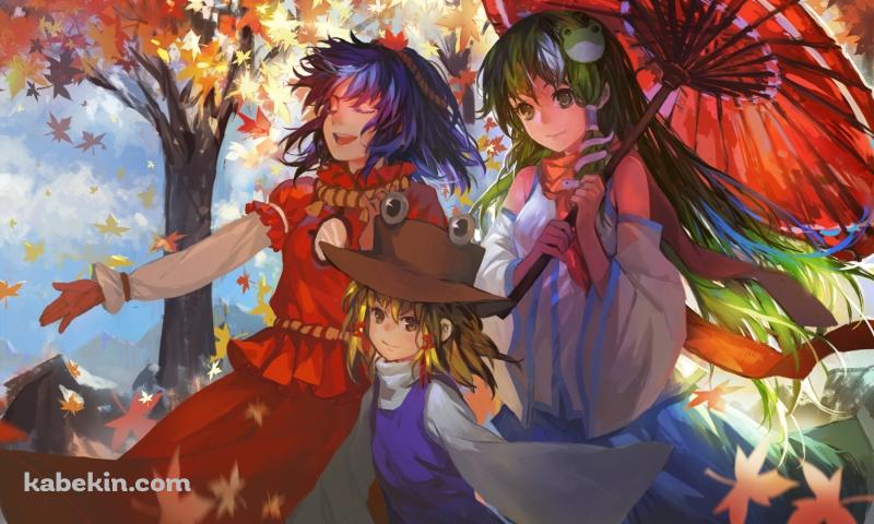 紅葉の中、散歩する東風谷早苗 / 洩矢諏訪子 / 八坂神奈子 / 東方の壁紙(800px x 480px) 高画質 PC・デスクトップ用