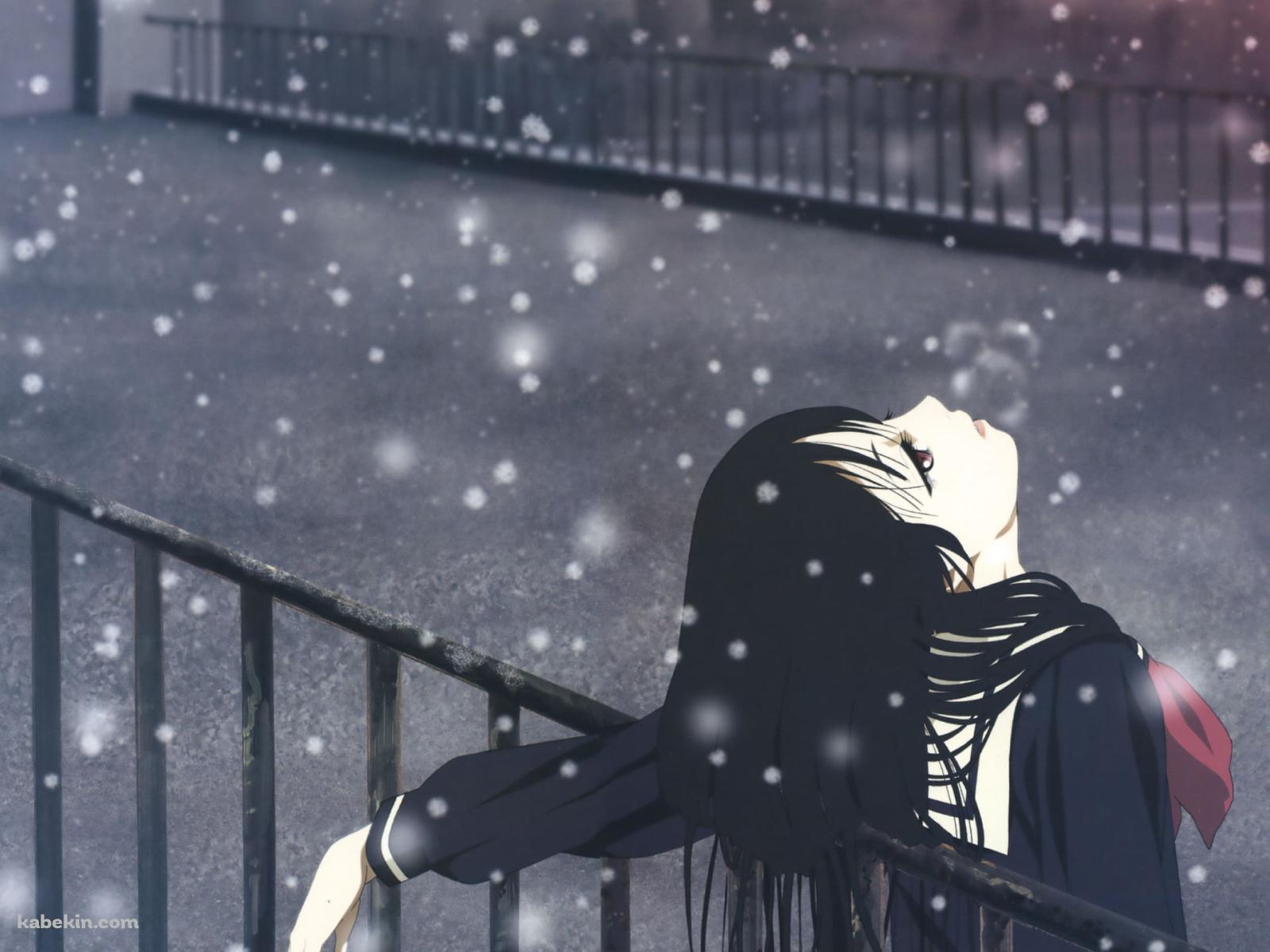 雪が降る屋上で手摺にもたれて上を見上げる閻魔あい / 地獄少女の壁紙(1600px x 1200px) 高画質 PC・デスクトップ用