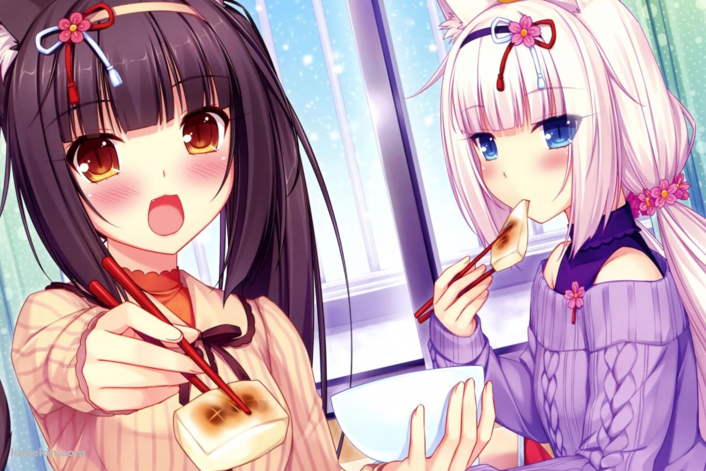 焼いた餅を食べる可愛いバニラとショコラ / ネコぱらの壁紙(1440px x 960px) 高画質 PC・デスクトップ用