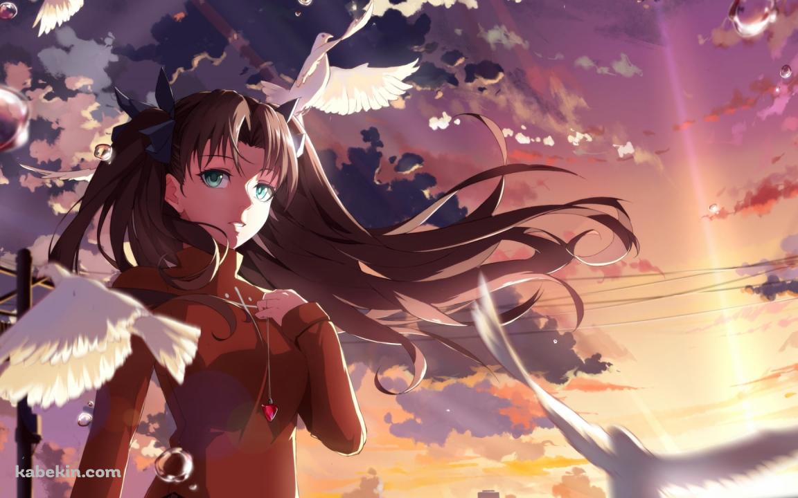白い鳩の群れと胸元に手をあてる遠坂凛 / 電柱 / Fateの壁紙(1152px x 720px) 高画質 PC・デスクトップ用
