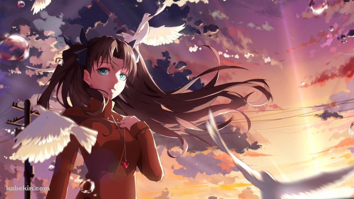 白い鳩の群れと胸元に手をあてる遠坂凛 / 電柱 / Fateの壁紙(1242px x 698px) 高画質 PC・デスクトップ用