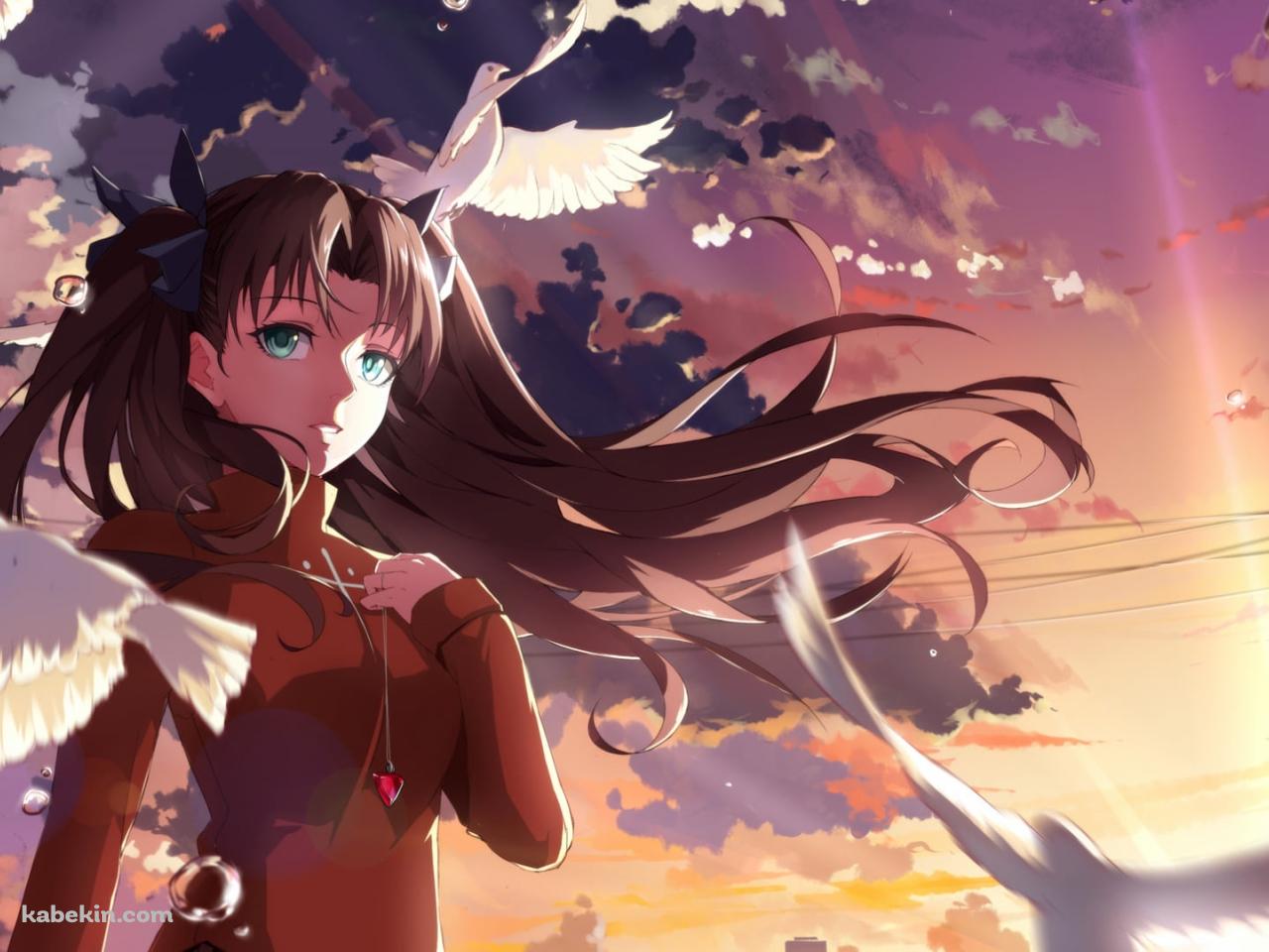 白い鳩の群れと胸元に手をあてる遠坂凛 / 電柱 / Fateの壁紙(1280px x 960px) 高画質 PC・デスクトップ用