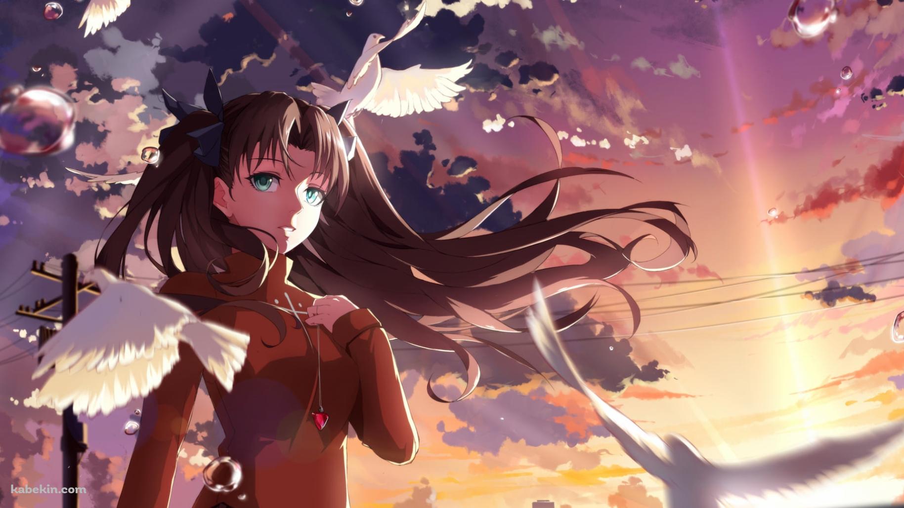 白い鳩の群れと胸元に手をあてる遠坂凛 / 電柱 / Fateの壁紙(1829px x 1029px) 高画質 PC・デスクトップ用