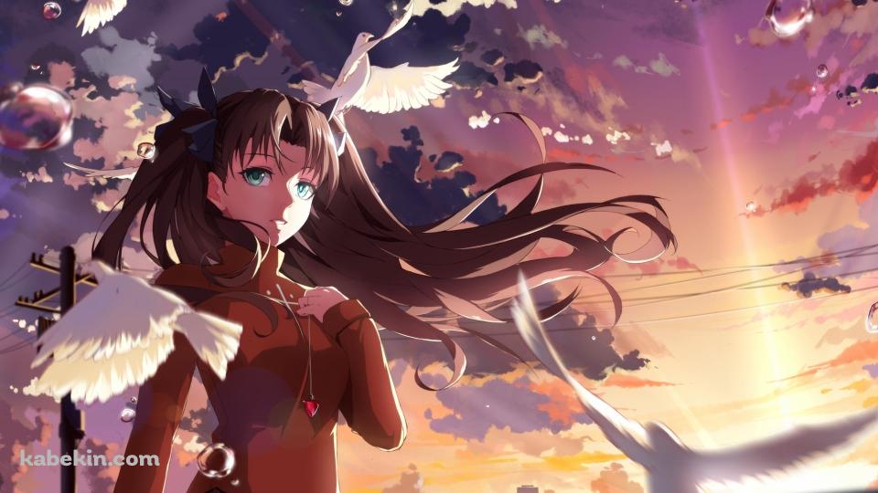 白い鳩の群れと胸元に手をあてる遠坂凛 / 電柱 / Fateの壁紙(960px x 540px) 高画質 PC・デスクトップ用
