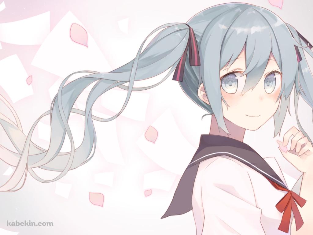 ピンクの花びらとセーラー服を着てこちらを見つめる可愛い初音ミク / ボカロの壁紙(1024px x 768px) 高画質 PC・デスクトップ用