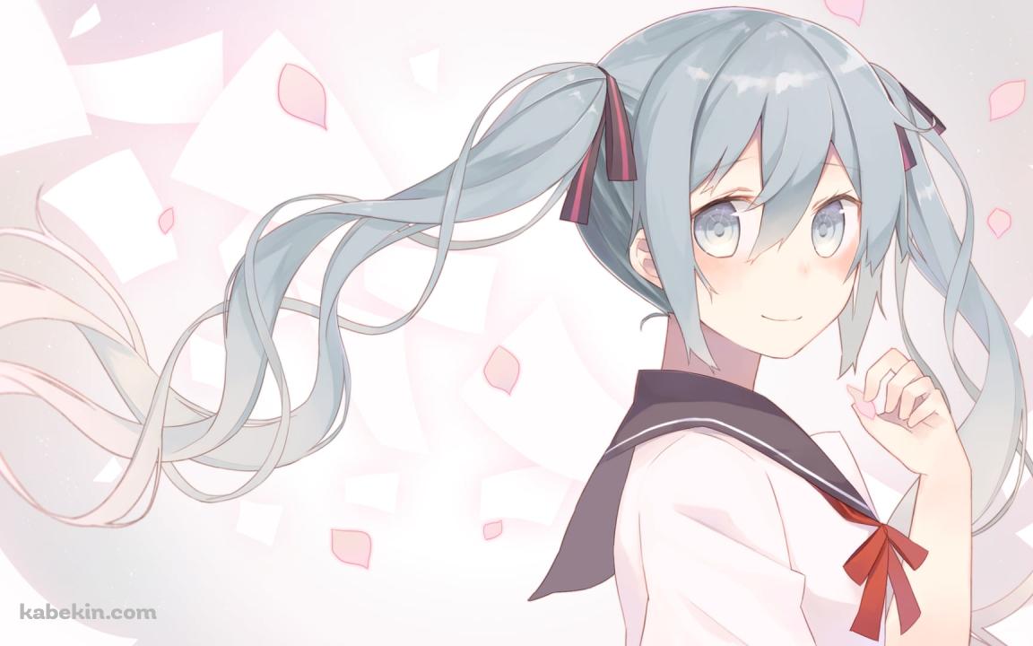 ピンクの花びらとセーラー服を着てこちらを見つめる可愛い初音ミク / ボカロの壁紙(1152px x 720px) 高画質 PC・デスクトップ用