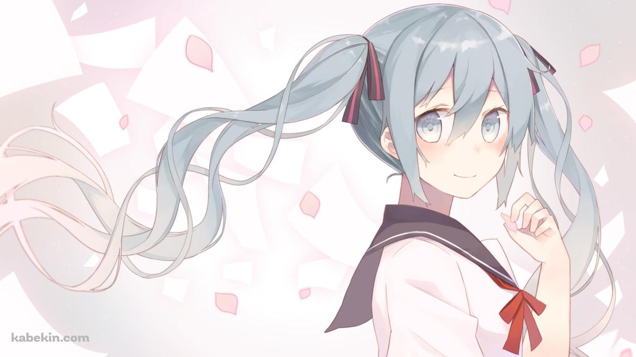 ピンクの花びらとセーラー服を着てこちらを見つめる可愛い初音ミク / ボカロの壁紙(1242px x 698px) 高画質 PC・デスクトップ用