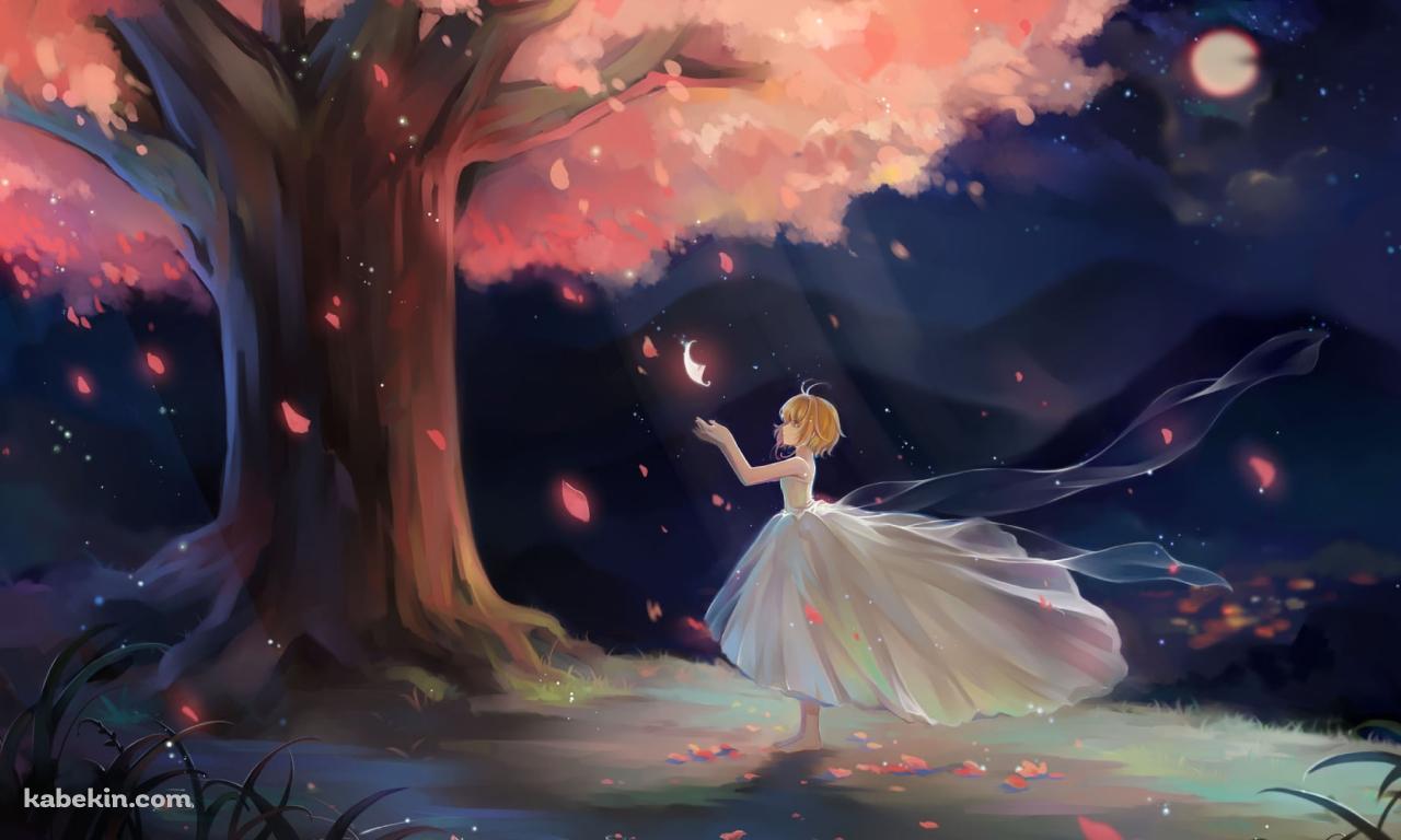舞い散る桜の花びらに手をかざすサクラ姫 / 満月 / ツバサ・クロニクルの壁紙(1280px x 768px) 高画質 PC・デスクトップ用
