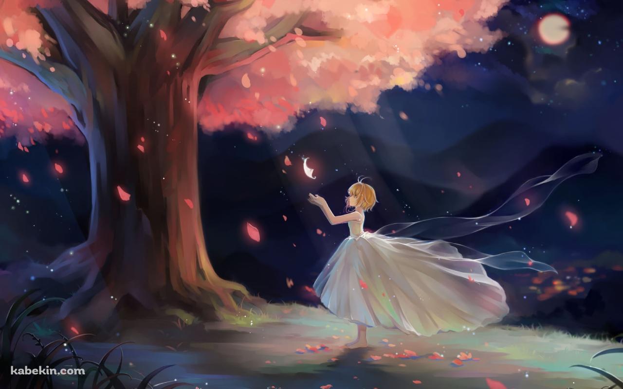 舞い散る桜の花びらに手をかざすサクラ姫 / 満月 / ツバサ・クロニクルの壁紙(1280px x 800px) 高画質 PC・デスクトップ用