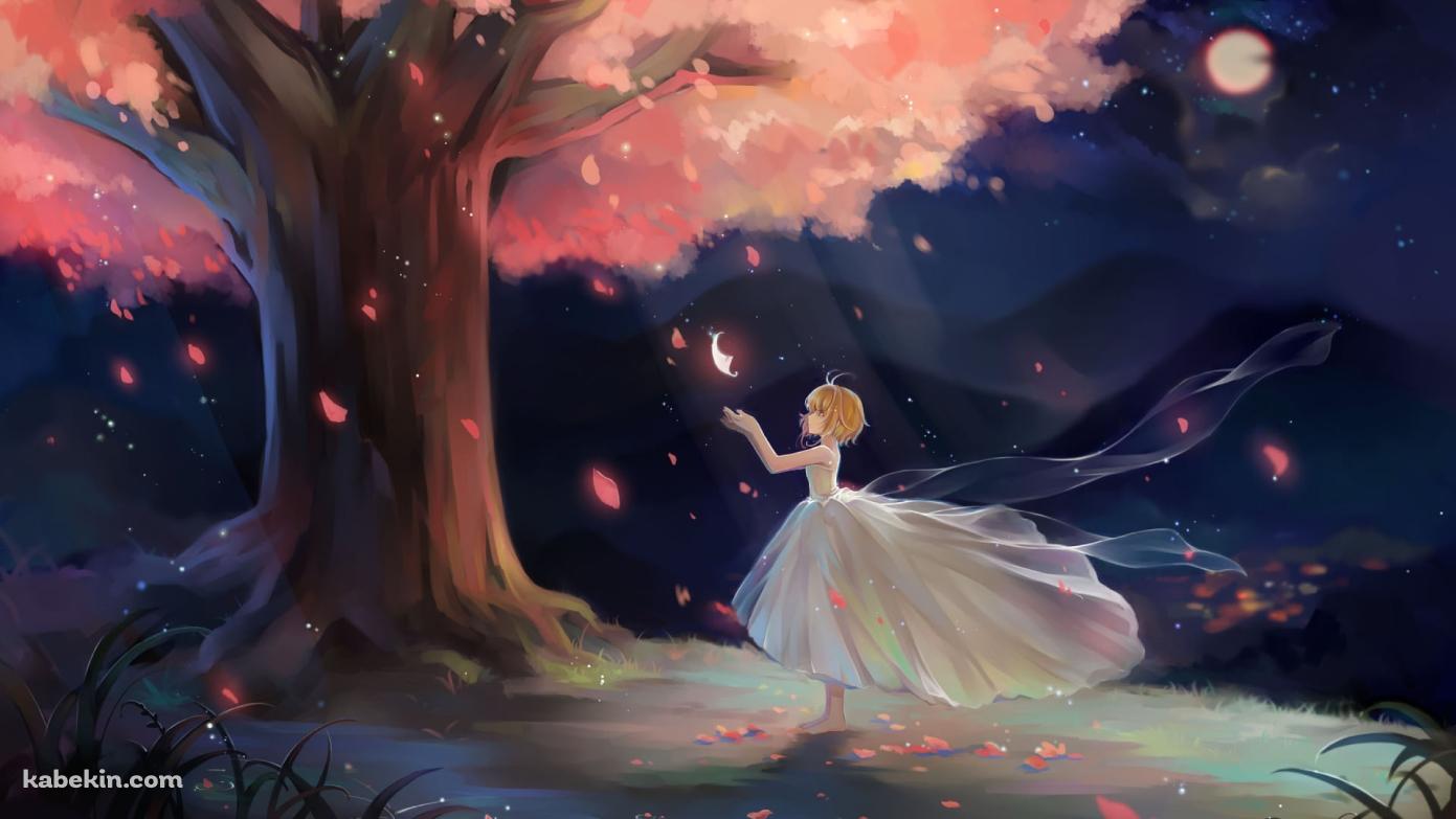 舞い散る桜の花びらに手をかざすサクラ姫 / 満月 / ツバサ・クロニクルの壁紙(1391px x 783px) 高画質 PC・デスクトップ用