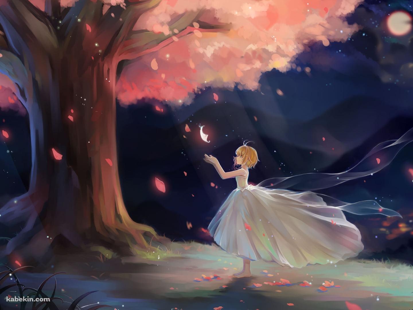 舞い散る桜の花びらに手をかざすサクラ姫 / 満月 / ツバサ・クロニクルの壁紙(1440px x 1080px) 高画質 PC・デスクトップ用