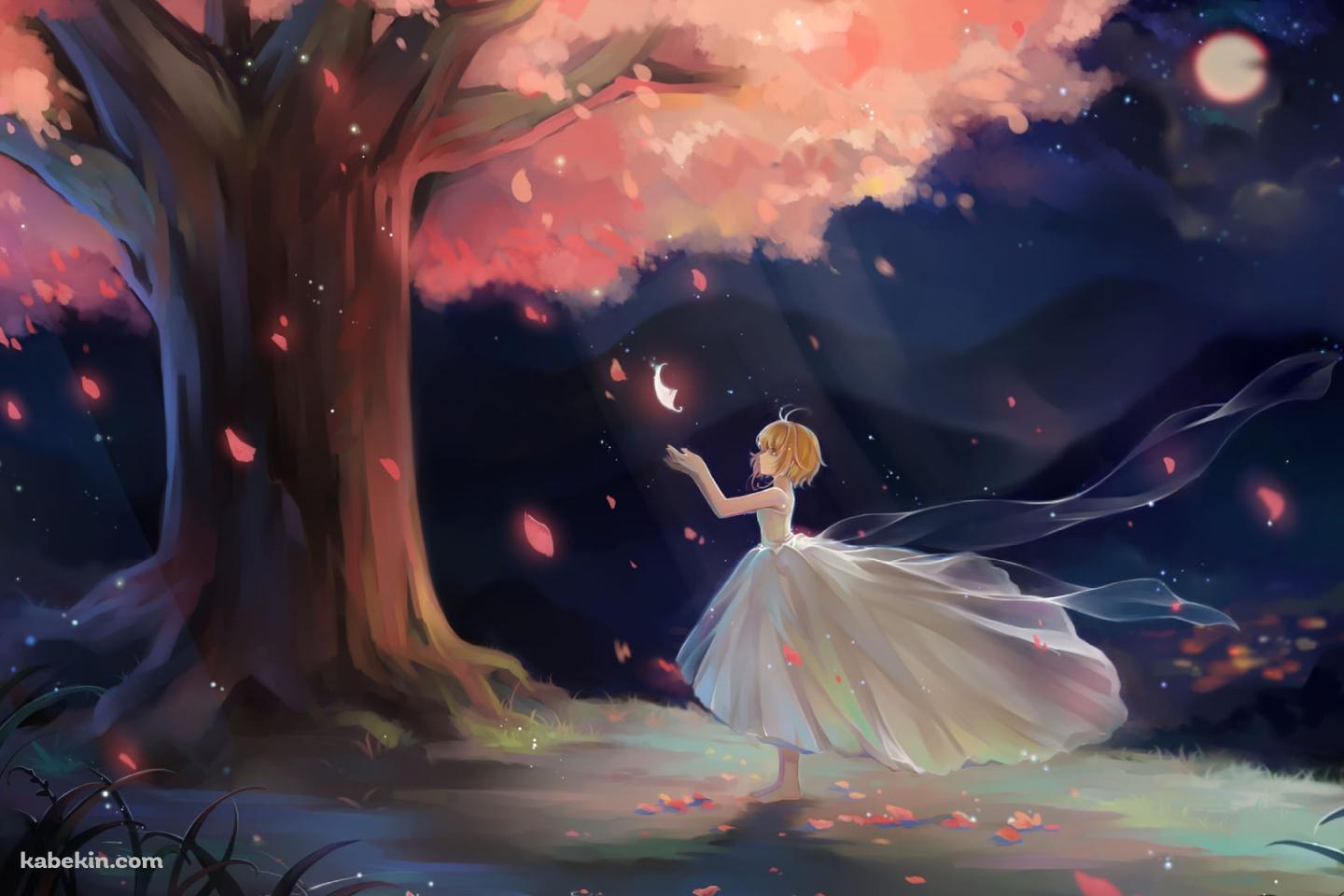 舞い散る桜の花びらに手をかざすサクラ姫 / 満月 / ツバサ・クロニクルの壁紙(1440px x 960px) 高画質 PC・デスクトップ用