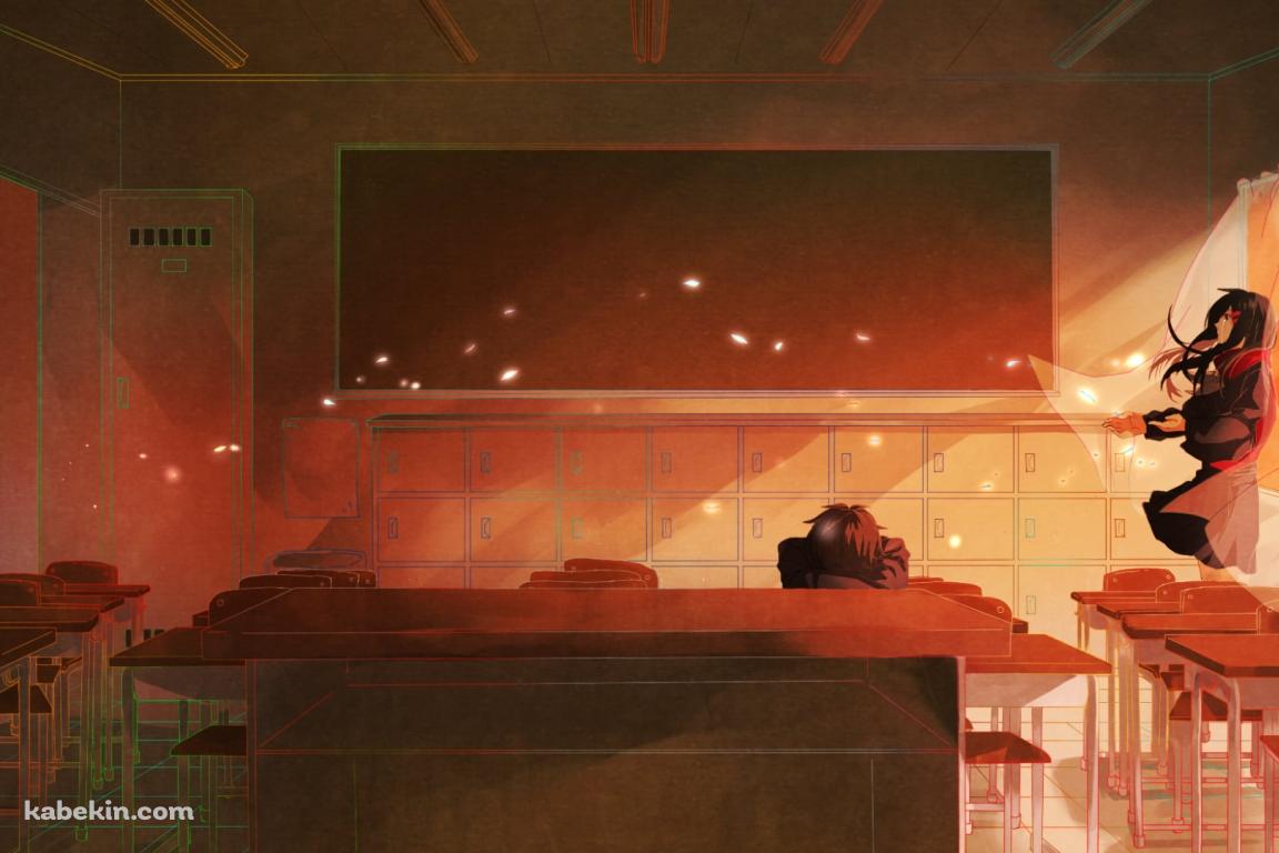 教室の窓際に立つ楯山文乃と机でうつ伏せに寝る如月シンタロー / メカクシティアクターズの壁紙(1152px x 768px) 高画質 PC・デスクトップ用