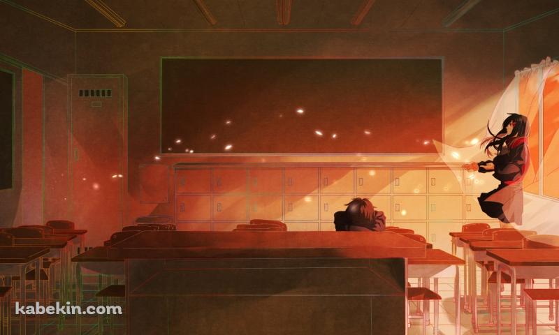 教室の窓際に立つ楯山文乃と机でうつ伏せに寝る如月シンタロー / メカクシティアクターズの壁紙(800px x 480px) 高画質 PC・デスクトップ用