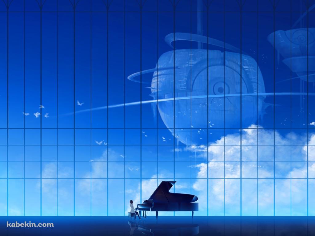 空が見えるガラス張りの部屋でグランドピアノを弾く女性の壁紙(1024px x 768px) 高画質 PC・デスクトップ用