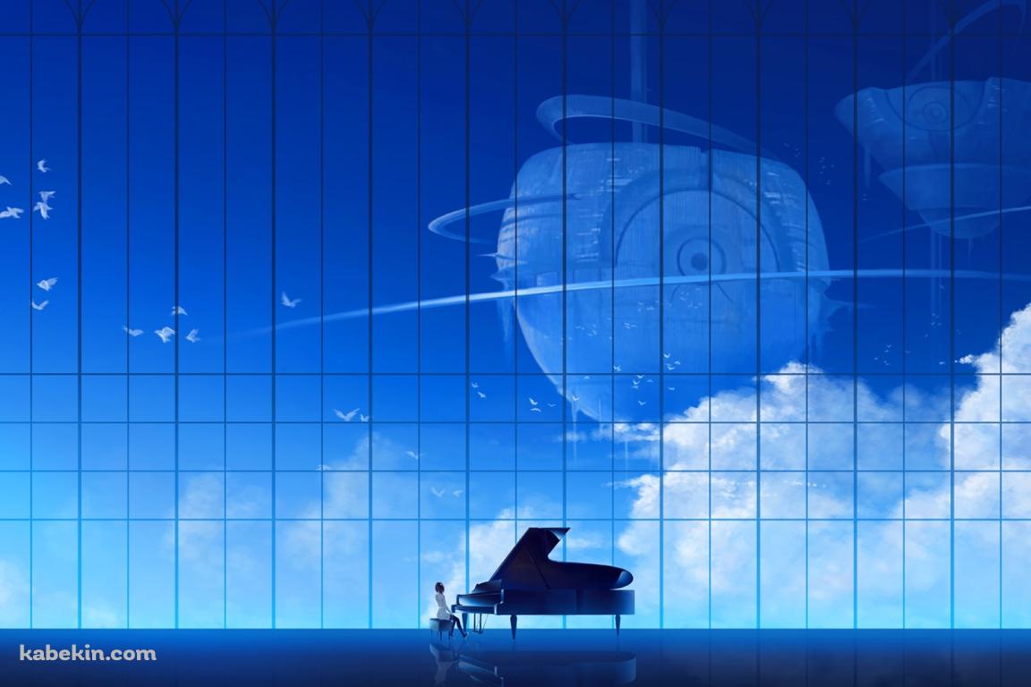 空が見えるガラス張りの部屋でグランドピアノを弾く女性の壁紙(1152px x 768px) 高画質 PC・デスクトップ用