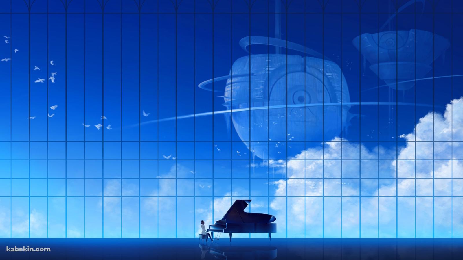 空が見えるガラス張りの部屋でグランドピアノを弾く女性の壁紙(1600px x 900px) 高画質 PC・デスクトップ用