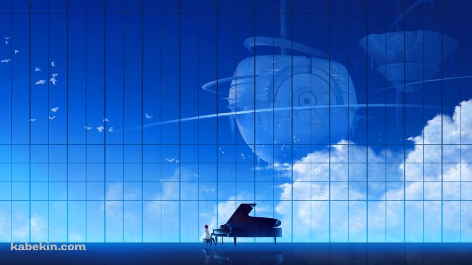 空が見えるガラス張りの部屋でグランドピアノを弾く女性の壁紙(960px x 540px) 高画質 PC・デスクトップ用