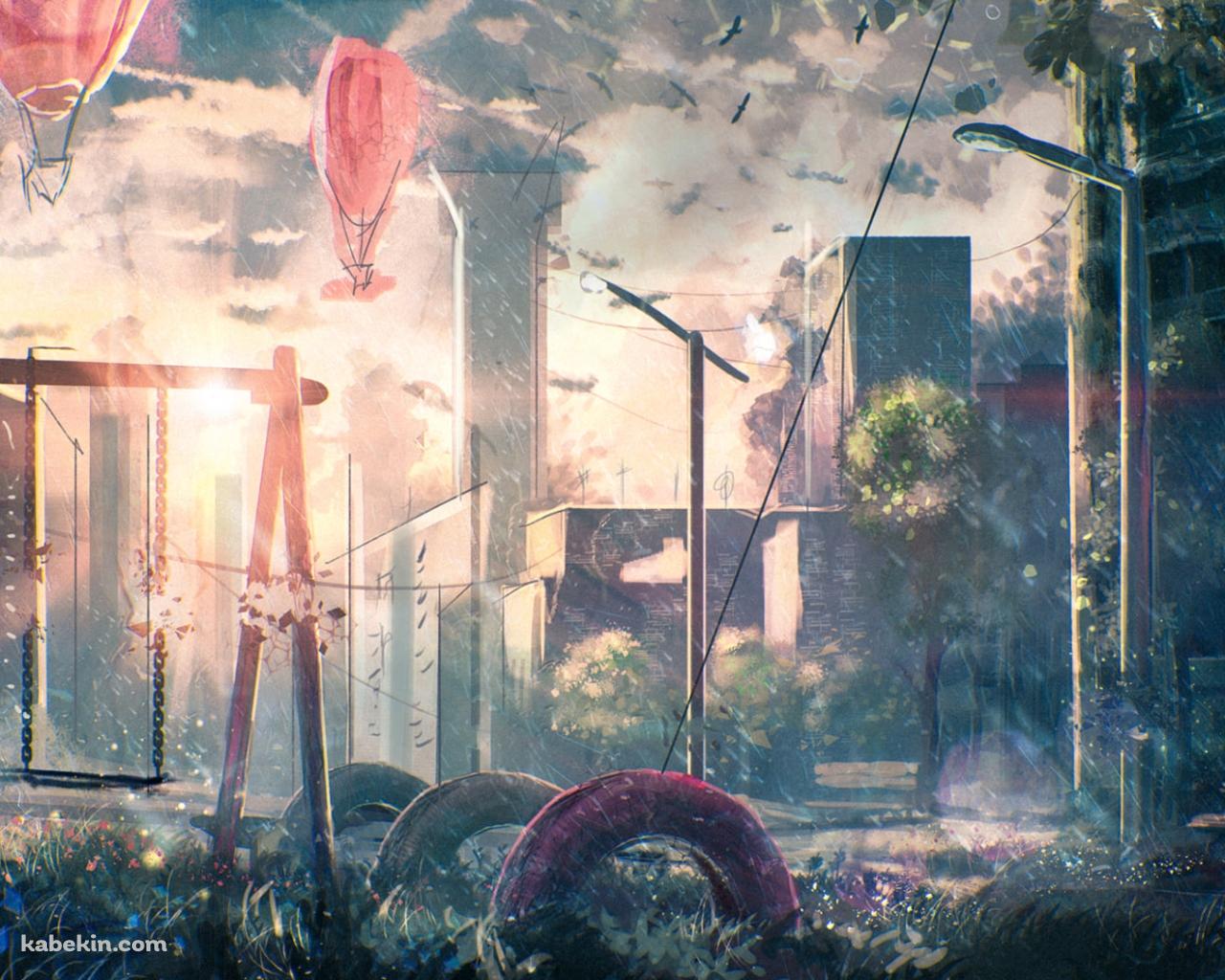 気球と公園 / ブランコ / タイヤ / ベンチの壁紙(1280px x 1024px) 高画質 PC・デスクトップ用