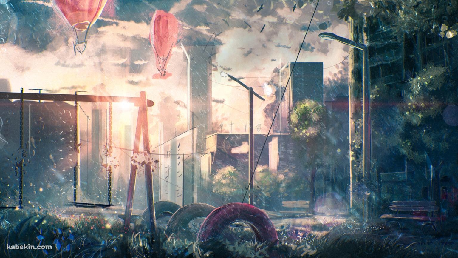 気球と公園 / ブランコ / タイヤ / ベンチの壁紙(1536px x 864px) 高画質 PC・デスクトップ用