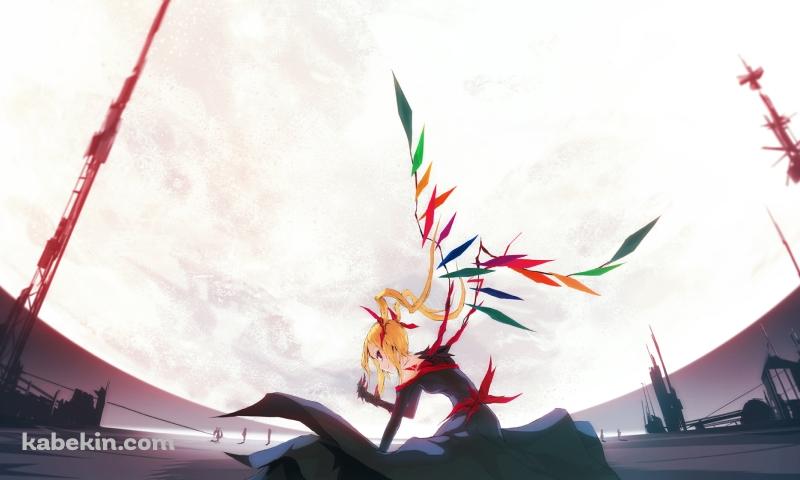 大きな月の前の地べたに座る黒いドレスを着たフランドール・スカーレット / 東方の壁紙(800px x 480px) 高画質 PC・デスクトップ用