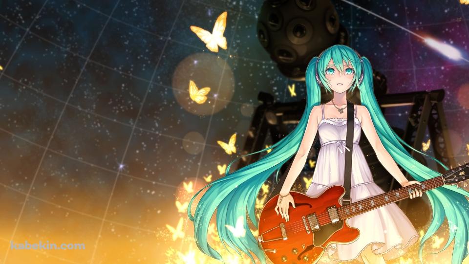プラネタリウムと赤いギターを持つ初音ミク / 金色に光る蝶 / ボカロの壁紙(960px x 540px) 高画質 PC・デスクトップ用