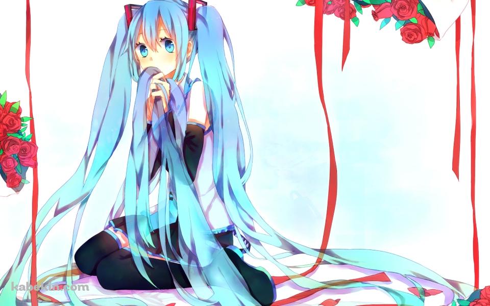 沢山の赤い薔薇の花束と地べたに座る初音ミク / ボカロの壁紙(960px x 600px) 高画質 PC・デスクトップ用