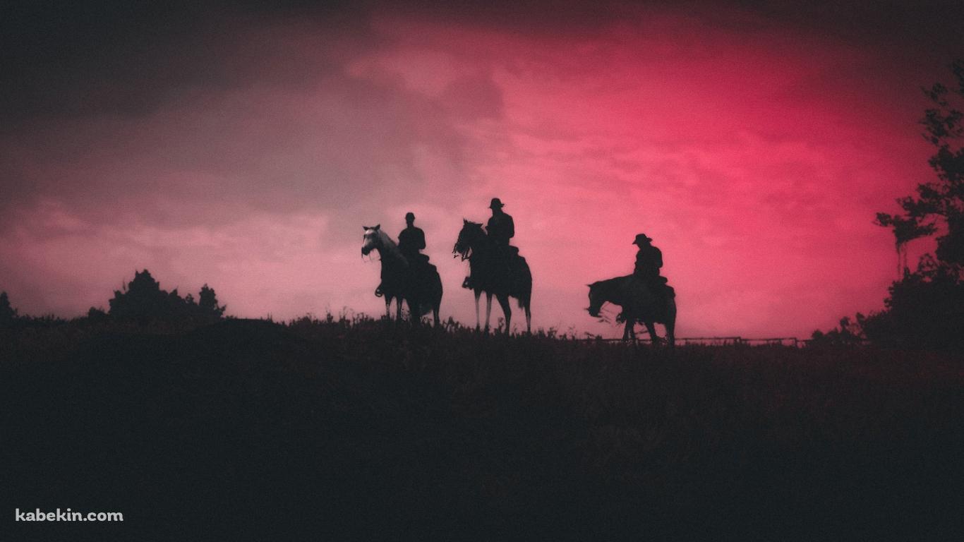 Red Dead Redemption / レッド・デッド・リデンプション / 赤く染まる空 / 3人のカウボーイの壁紙(1366px x 768px) 高画質 PC・デスクトップ用