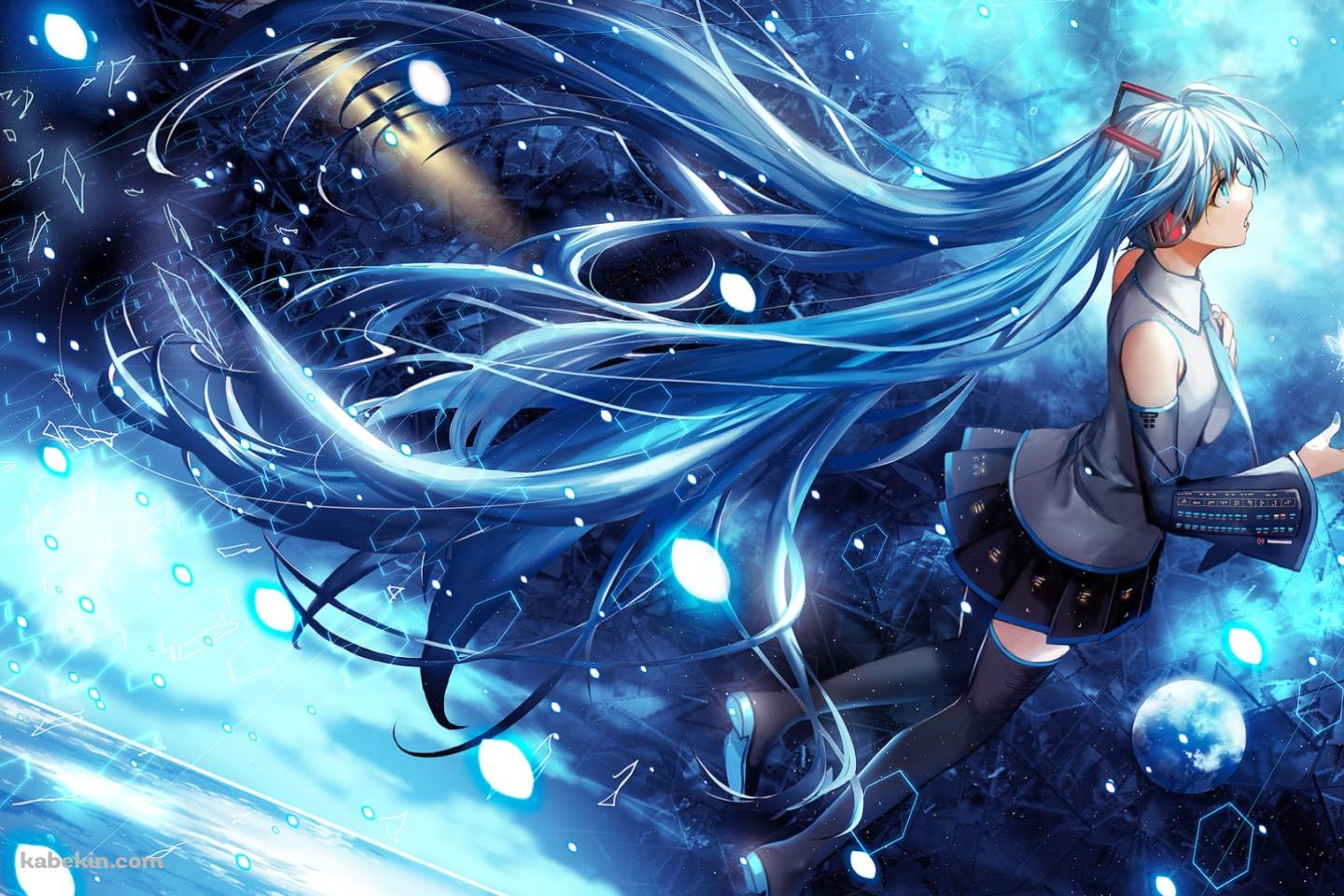 光る青い花びらと上を見上げる初音ミク / 宇宙 / ボカロの壁紙(1440px x 960px) 高画質 PC・デスクトップ用