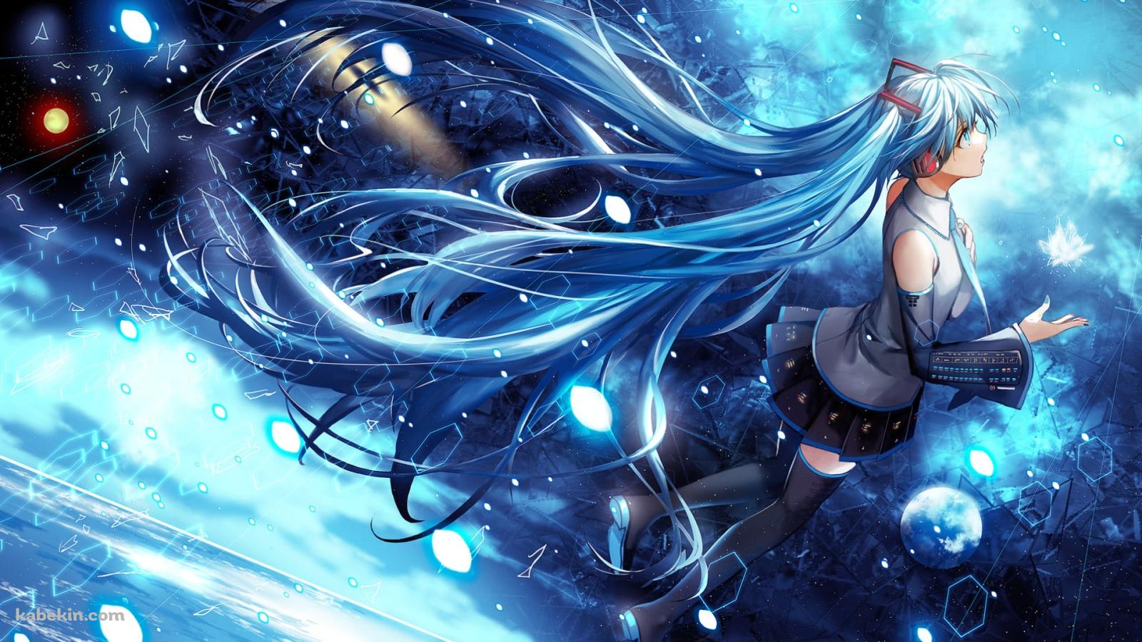 光る青い花びらと上を見上げる初音ミク / 宇宙 / ボカロの壁紙(1600px x 900px) 高画質 PC・デスクトップ用