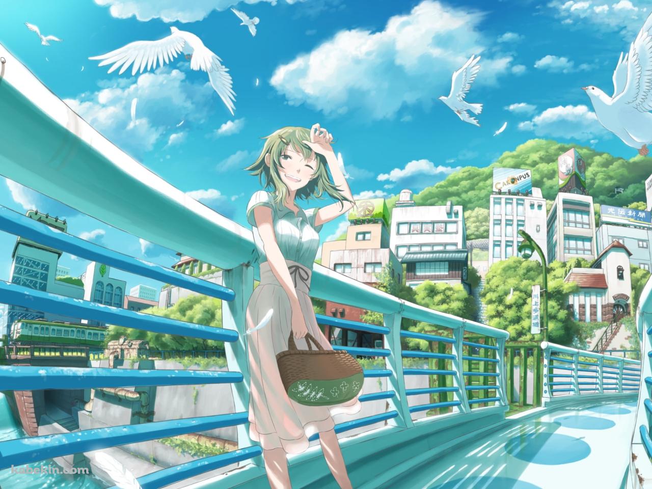 白い橋の上で待ち合わせするGUMI / 空飛ぶ白い鳩 / 晴天 / ボカロの壁紙(1280px x 960px) 高画質 PC・デスクトップ用