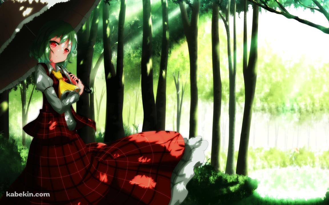 森の中で日傘をさす赤いチェックの服を着た風見幽香 / 東方の壁紙(1152px x 720px) 高画質 PC・デスクトップ用