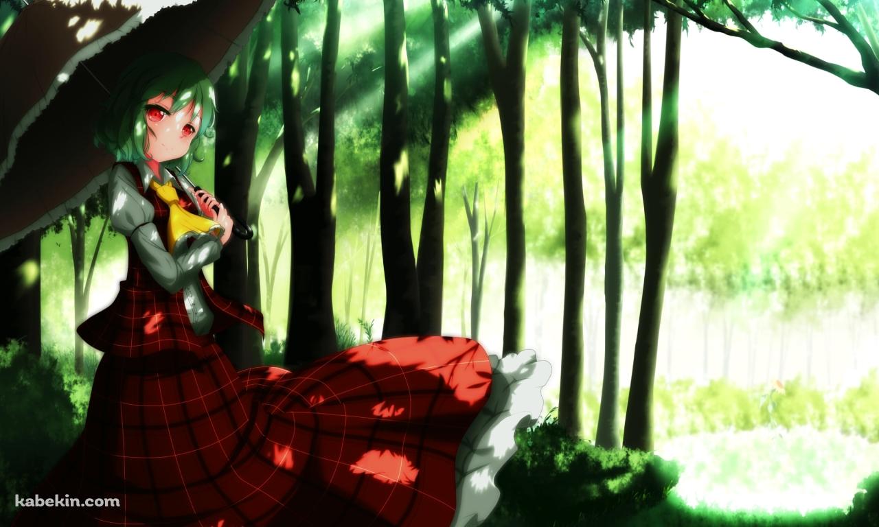 森の中で日傘をさす赤いチェックの服を着た風見幽香 / 東方の壁紙(1280px x 768px) 高画質 PC・デスクトップ用